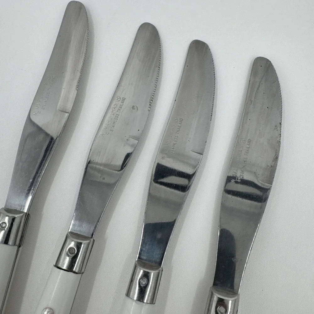 WF Mardi Gras Knives Stainless Riveted Handles White Lot‎ 4 Flatware